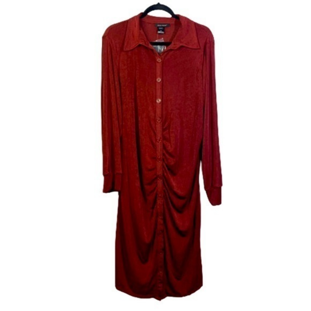 ASHLEY STEWART Red Rust Ruched Velour Midi Shirt Dress - NWT‎